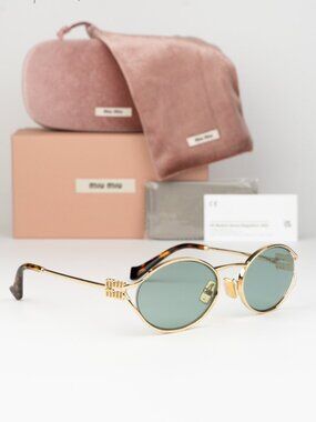 Miu Miu Women Sunglasses Gold Green Mirror Silver Oval MU52YS 5AK04M BRAND NEW